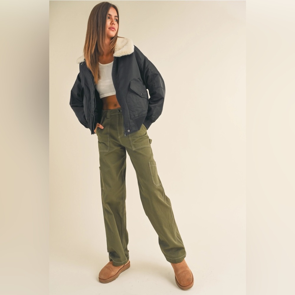 Fur Collared Bomber Jacket-Black - image 3